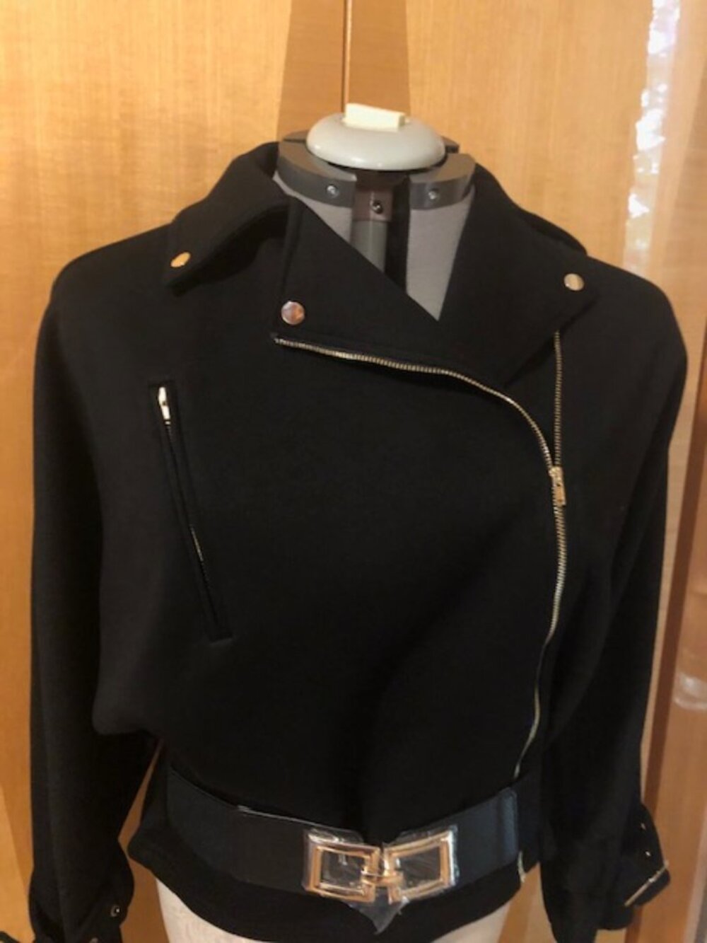 Brand New  Soft Alleza Paris Black Lined Jacket Gold zipper and buckle accents L